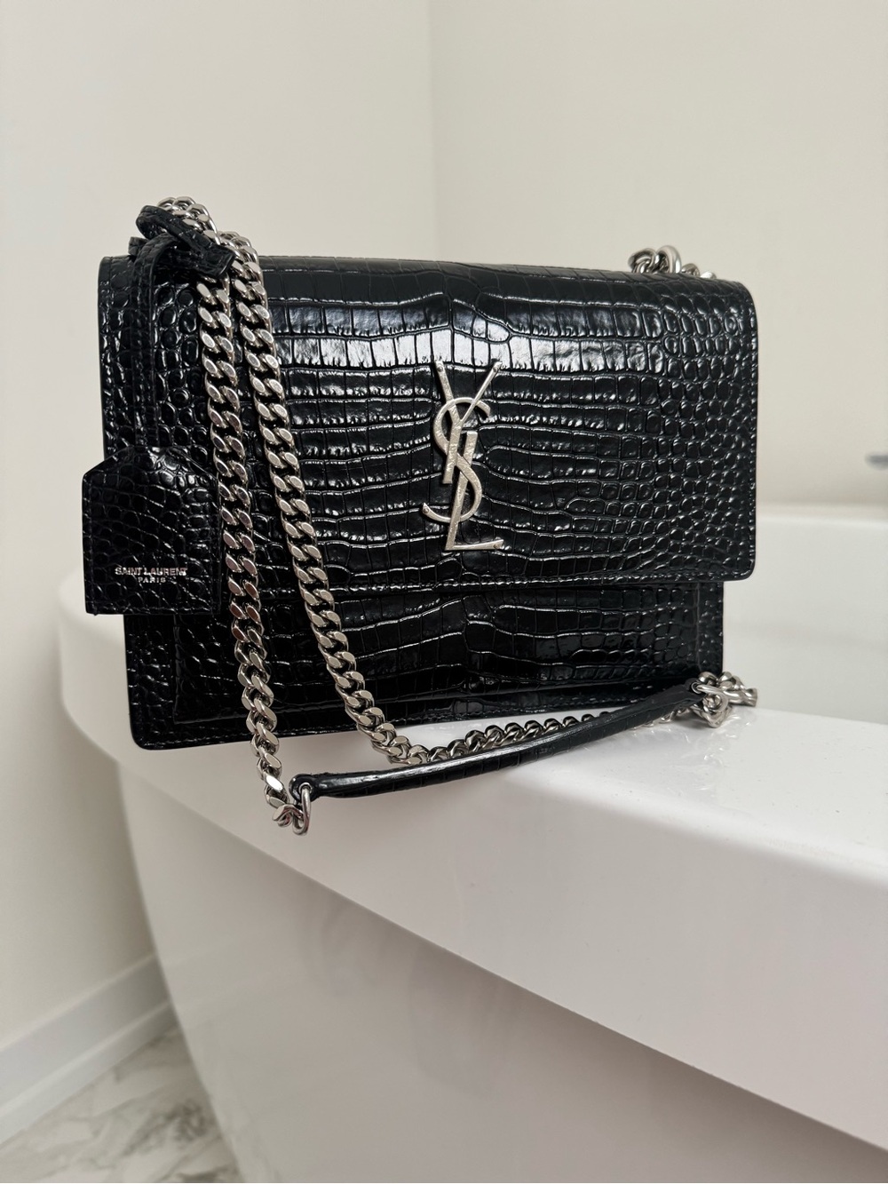 Authentic Yves Saint Laurent - Black Croc Embossed Sunset Medium Chain Bag